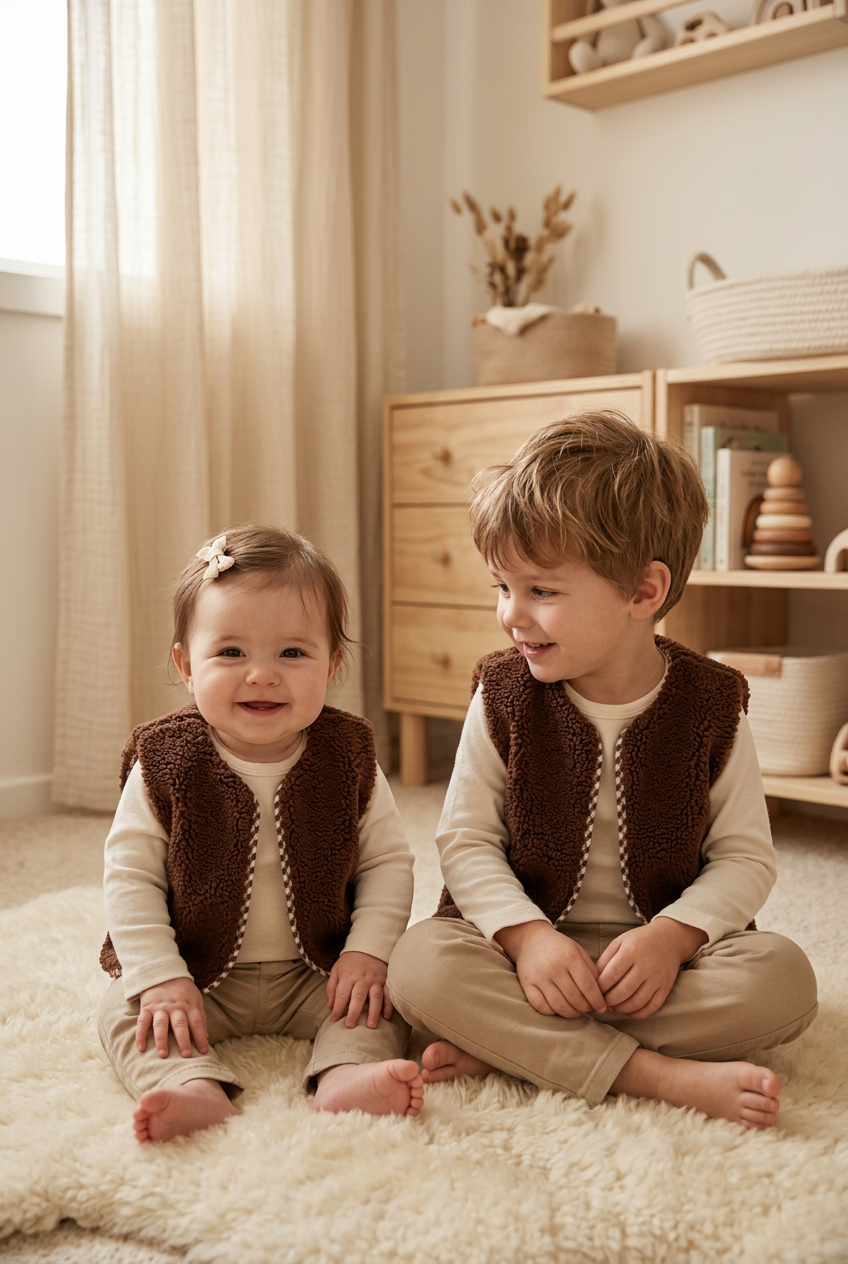 Bébé fille et petit garçon portant le gilet marron