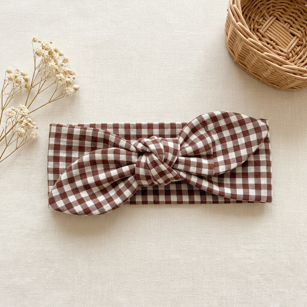Bandeau large noué en double gaze de coton vichy chocolat et écru, avec panier et fleurs séchées
