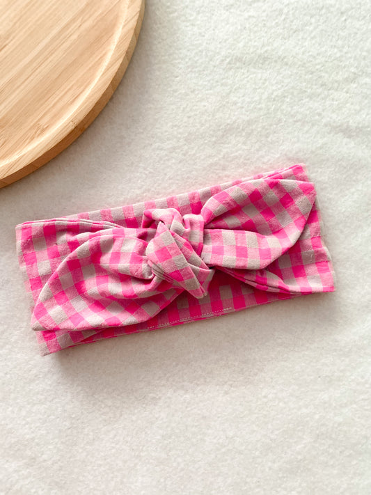 Bandeau bébé fille - bandeau vichy rose fluo 100% coton