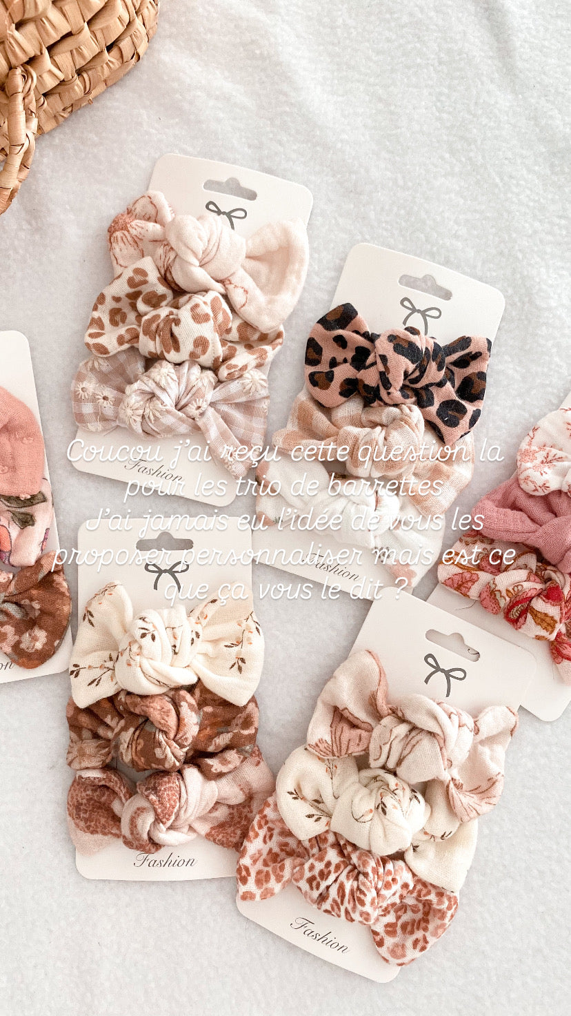 Trio de barrettes noeud fille - tissu au choix