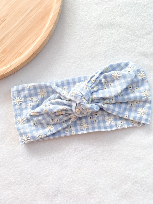 Bandeau bébé fille - bandeau vichy bleu avec broderie