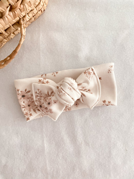 Bandeau Bébé Fille Flowers - bandeau Jersey Côtelé Écru Fleuri