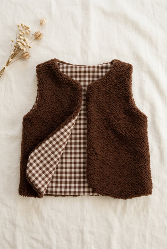 Gilet berger marron à doublure vichy, avec une petite décoration de fleurs séchées